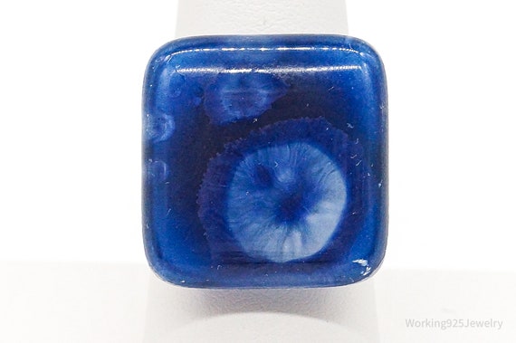 Vintage Blue Glass Sterling Silver Ring - Size 7.… - image 1