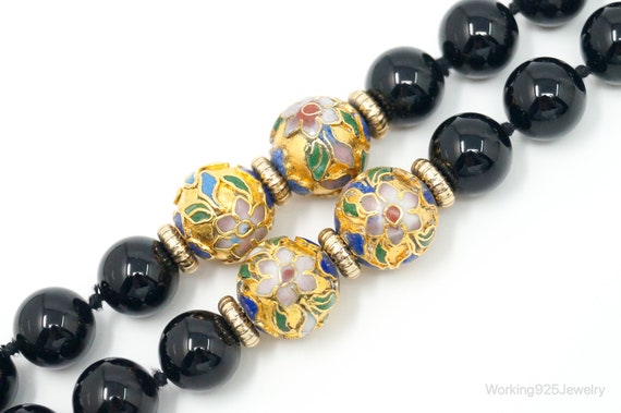 Vintage Long Black Onyx Cloisonne Beads Necklace - image 6