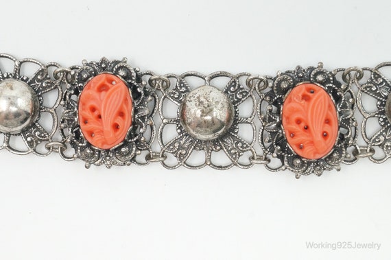 Antique Carved Coral Sterling Silver Bracelet - image 3