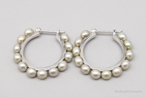 Vintage Pearl Sterling Silver Hoop Earrings - image 3
