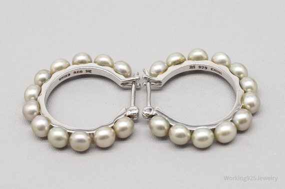 Vintage Pearl Sterling Silver Hoop Earrings - image 5