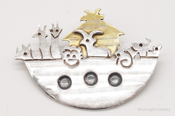 Vintage Mexico Noahs Ark Brass Sterling Silver Br… - image 1