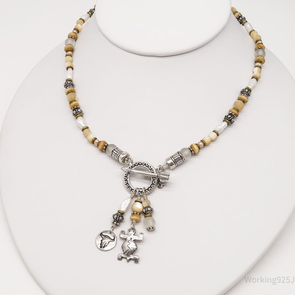 Vintage Native Peyote Bird Designs Sterling Silver Toggle Necklace 15"