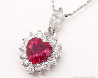 Vintage JJT Ruby Cubic Zirconia Heart Sterling Silver Necklace 18"