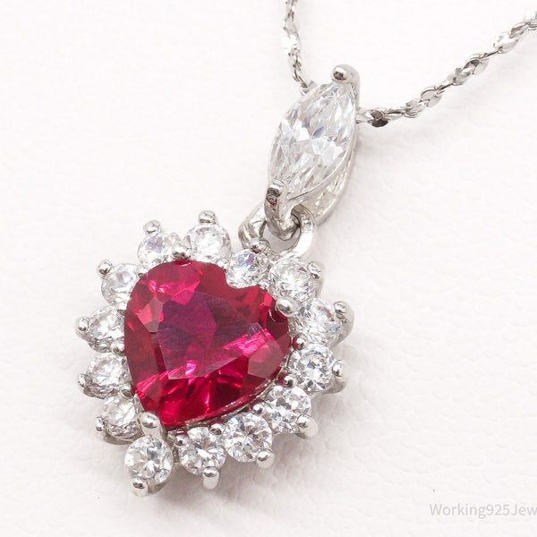 Vintage JJT Ruby Cubic Zirconia Heart Sterling Silver Necklace 18"