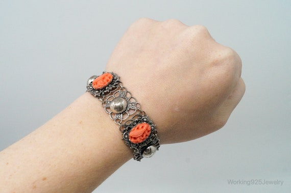 Antique Carved Coral Sterling Silver Bracelet - image 6