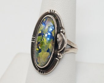 Vintage Mexico Artisan Dichroic Glass Foil Sterling Silver Ring - Size 8.5