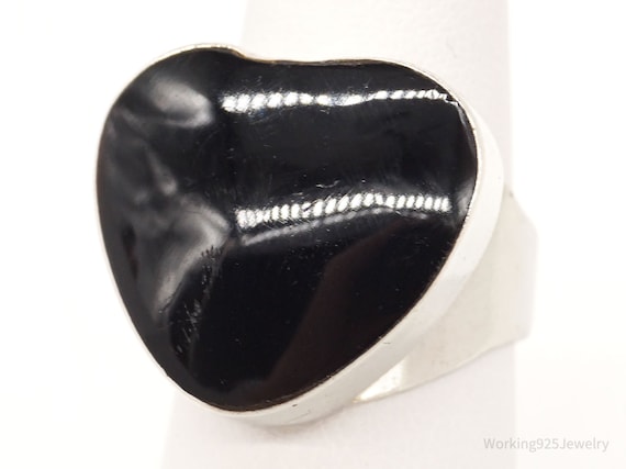 Vintage Mexico Large Black Onyx Heart Sterling Si… - image 1