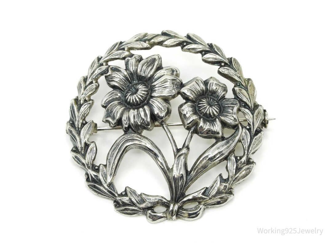 Antique Floral Wreath Sterling Silver Brooch Pin - Etsy