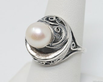 Vintage Pearl Scroll Sterling Silver Ring - Size 8