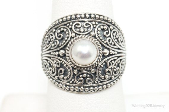 Vintage Bali Style Pearl Sterling Silver Ring - S… - image 3