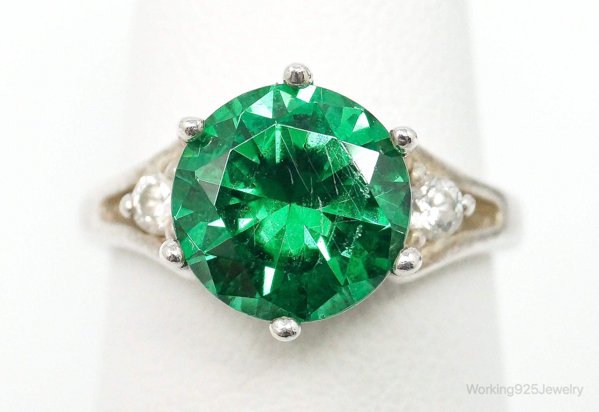 Vintage Large Green Cubic Zirconia Sterling Silver Ring