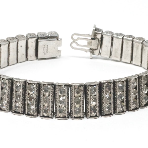 Vintage Designer Catamore 1940s Sterling Silver Rhinestone Art Deco Channel Bracelet