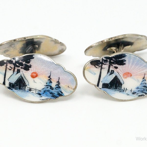 RARE Vintage Aksel Holmsen Enamel Cabin Scene Sterling Silver Cufflinks