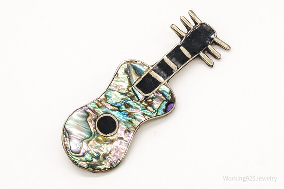 Vintage Mexico Abalone Paua Shell Guitar Alpaca Silver Brooch Etsy 日本