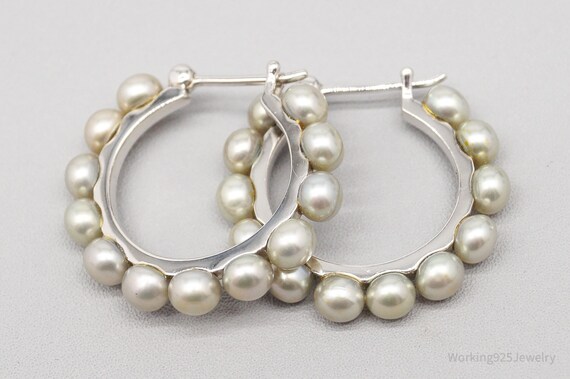 Vintage Pearl Sterling Silver Hoop Earrings - image 4