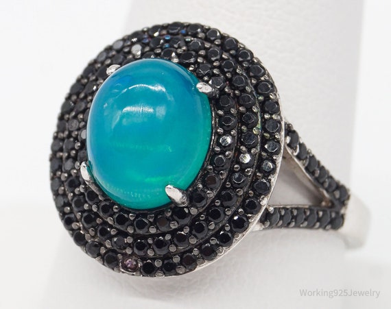 Designer KJC Blue Opal Black Spinel Sterling Silver Ring Size 9.75