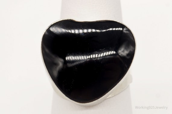Vintage Mexico Large Black Onyx Heart Sterling Si… - image 3