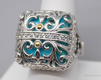 JTV DP Turquoise White Zircon Gold Sterling Silver Ring - Size 9