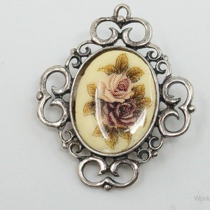 Vintage Designer Jez Flower Cross Stitch Look Picture Sterling Silver Pin Brooch image 2