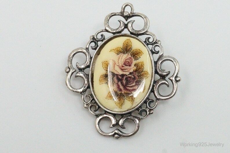 Vintage Designer Jez Flower Cross Stitch Look Picture Sterling Silver Pin Brooch image 2