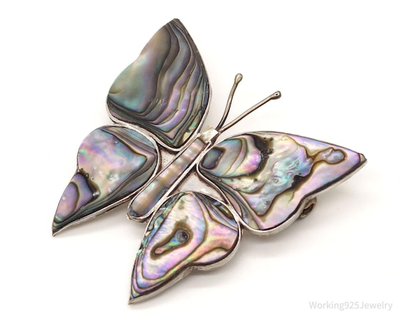 Large Vintage Paua Abalone Shell Butterfly Sterli… - image 1