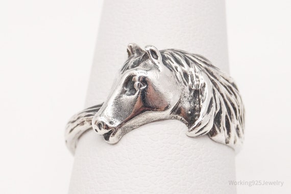 Vintage Equestrian Horse Silver Ring - Size 7.75 - image 2