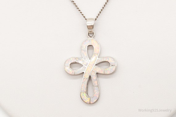 Vintage Opal Inlay Sterling Silver Cross Necklace - image 5