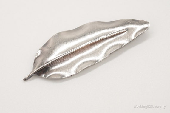 Large Antique Handmade Sterling Silver Leaf Pin B… - image 2