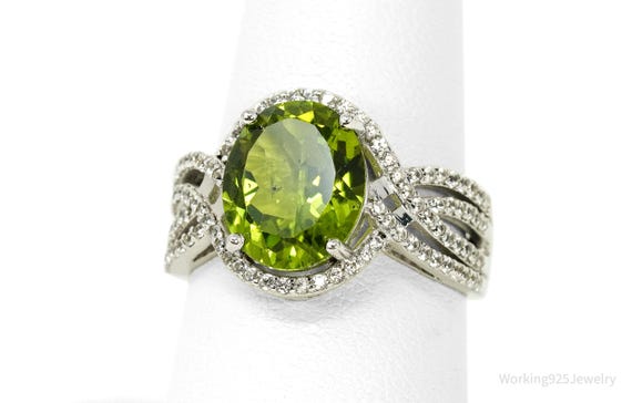 Green Peridot & White Zircon Rhodium Over Sterling Silver Ring -  Size 8