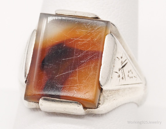 Antique Agate Sterling Silver Ring - Size 9.75 - image 1