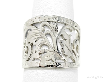 Anillo vintage ancho de plata de ley con diseño floral de cigarros (talla 7)