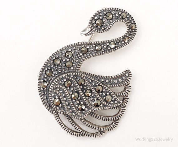 Vintage Marcasite Swan Sterling Silver Brooch Pin - image 1