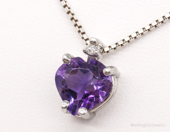 Vintage Amethyst Diamond Sterling Silver Heart Ne… - image 1