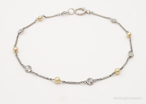 Antique Crystal Pearl Sterling Silver Chain Brace… - image 2