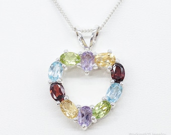 Multi Gemstone Large Heart Sterling Silver Necklace