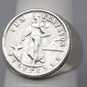 Vintage Philippines Ten Centavos Silver Coin Sterling Silver Ring - Size 6.5