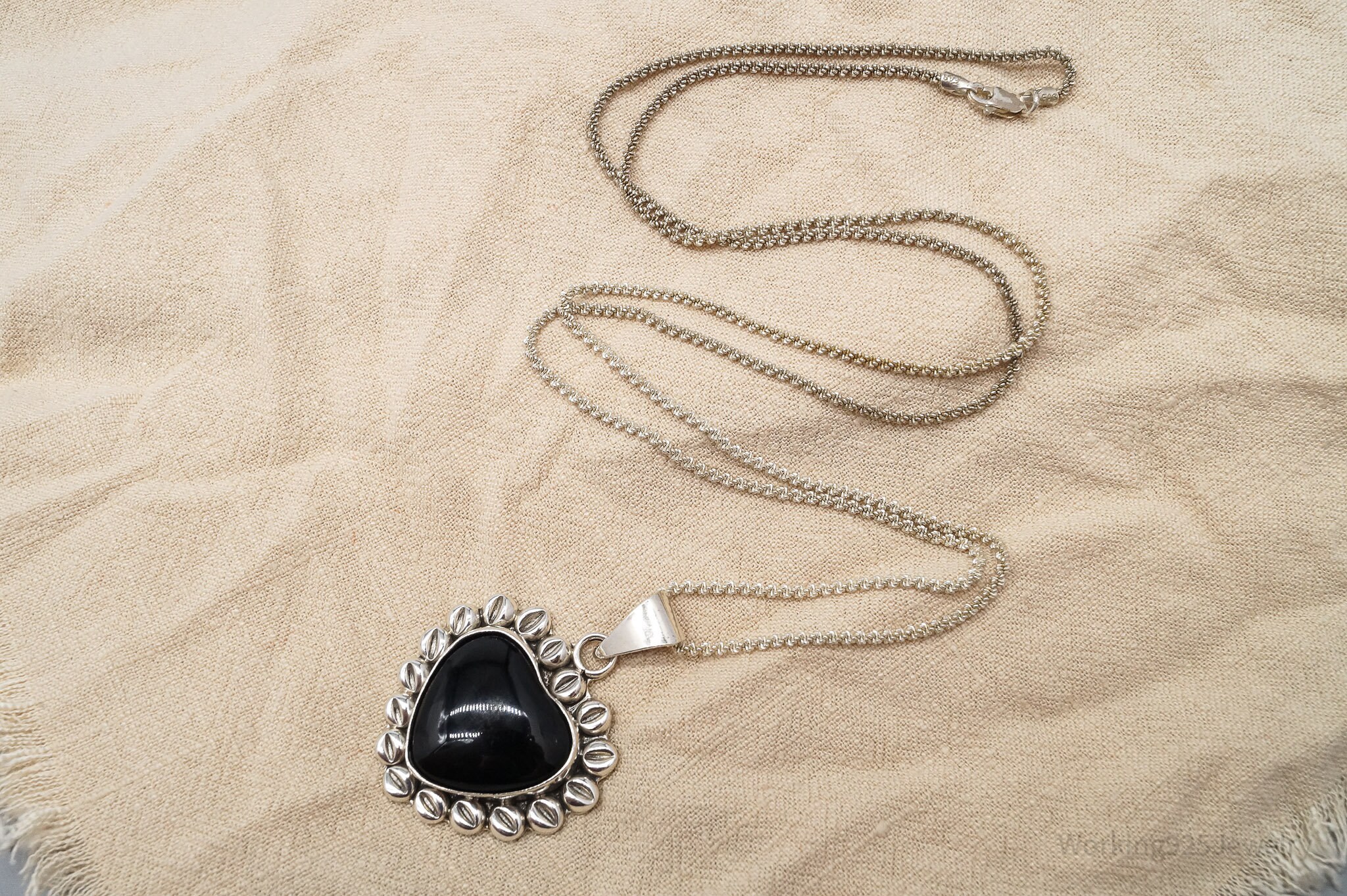 Vintage Mexico Large Black Onyx Heart Sterling Silver Necklace 30