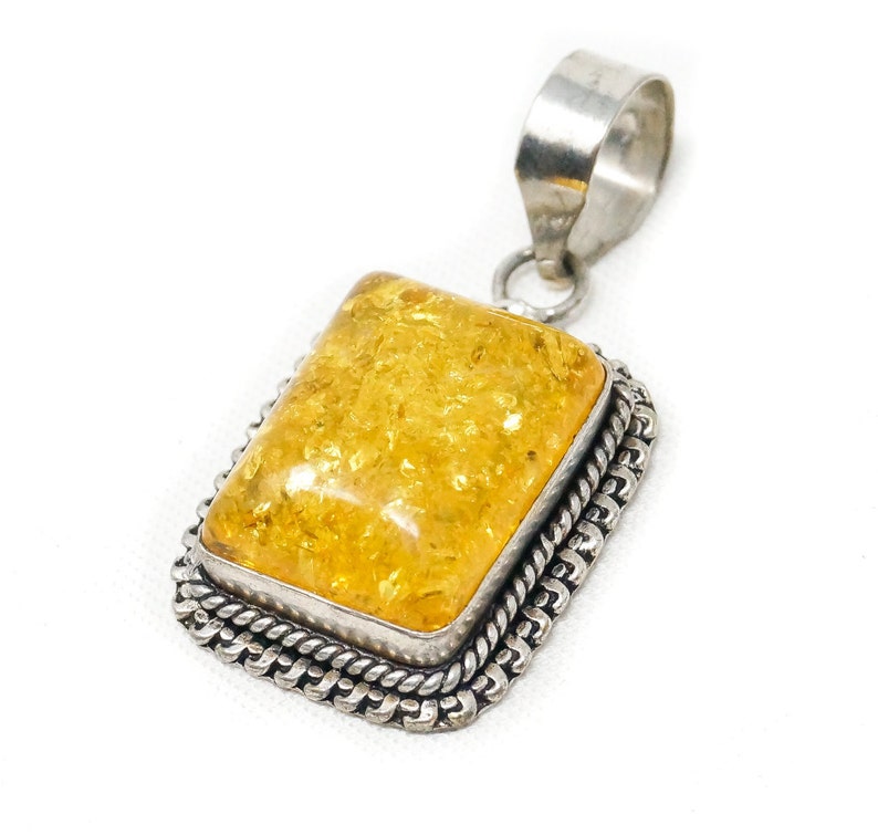 Large Vintage Amber Modernist Sterling Silver Necklace Pendant image 1