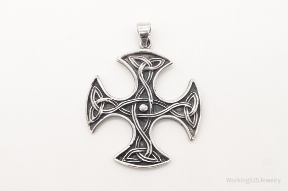 Large Vintage Celtic Cross Sterling Silver Pendant - image 3