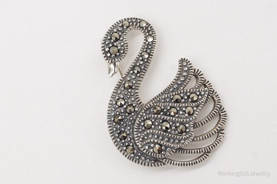 Vintage Marcasite Swan Sterling Silver Brooch Pin - image 2