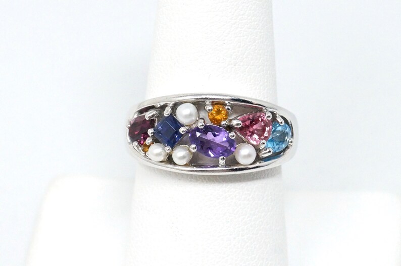 Size 8-780882749 Beautiful Vintage Multi Gemstone Pearl Amethyst Blue Topaz Pink Blue Sapphire Citrine Sterling Silver Ring