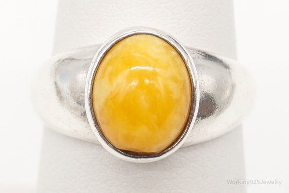 Vintage Yellow Amber Sterling Silver Ring - Size … - image 1