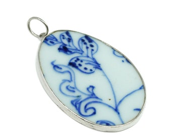 Vintage White Blue Ming Porcelain Sterling Silver Pendant