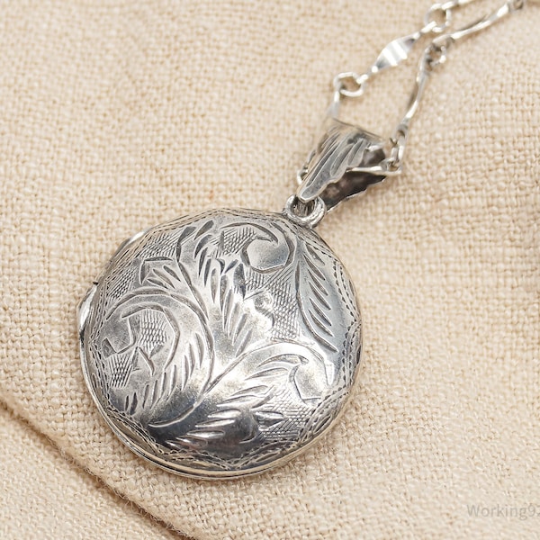 Vintage Floral Etched Sterling Silver Locket Necklace 22"