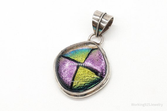 Vintage Large Dichroic Glass Sterling Silver Neck… - image 2