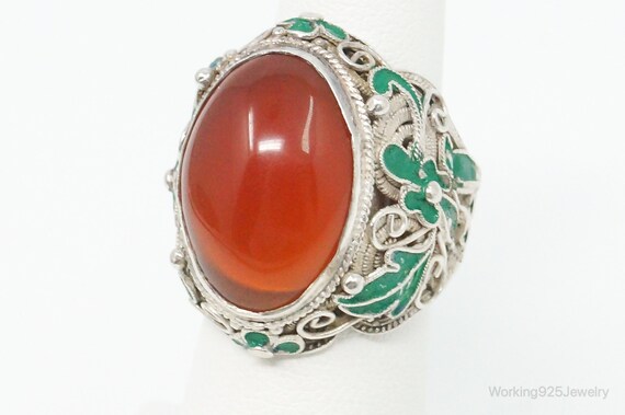 Vintage Large Carnelian Enamel Filigree Silver Ri… - image 1