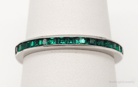Vintage Green Crystal Sterling Silver Band Ring -… - image 3