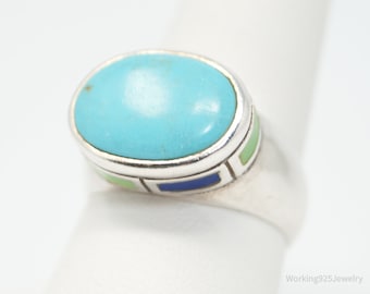 Vintage Southwestern Style Turquoise Dome Gem Inlay Sterling Silver Ring - Sz 9