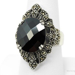 Vintage Black Onyx & Marcasite Sterling Silver Ring - Size 8